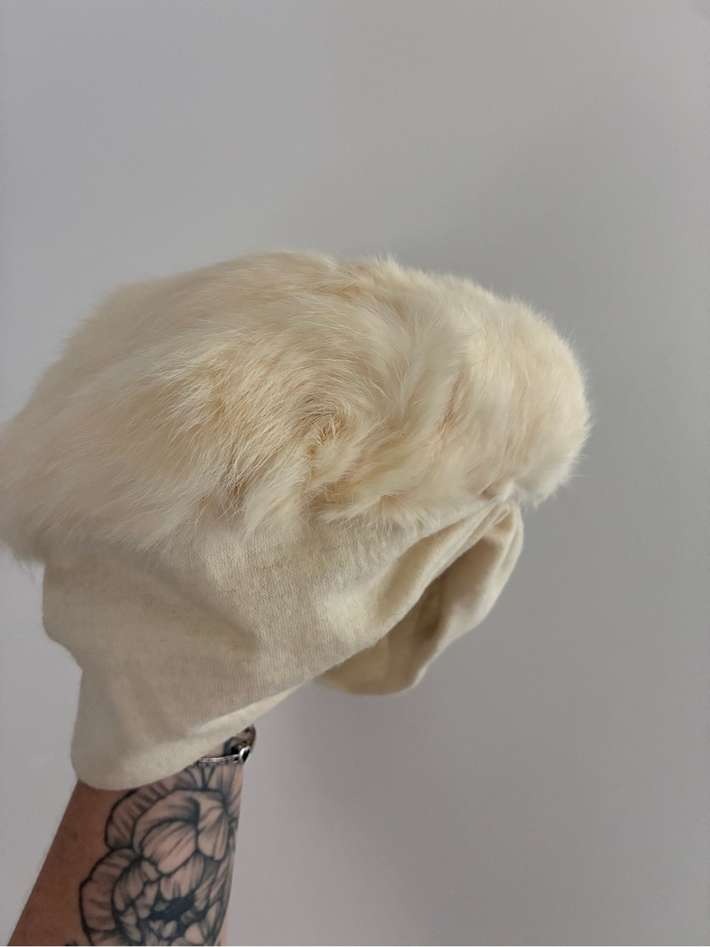 Cream Vintage Rabbit Fur Trim Beanie Hat